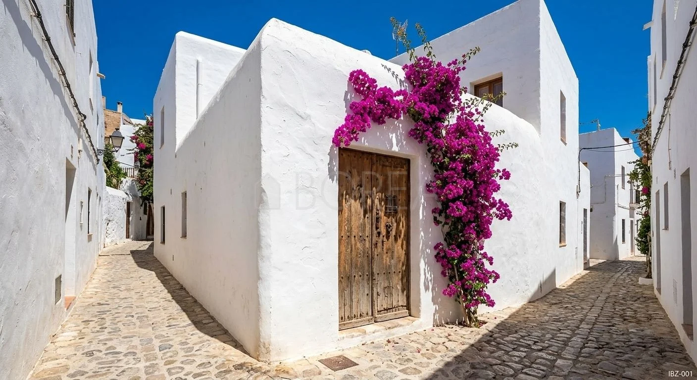Calle encalada con buganvilla en Baleares