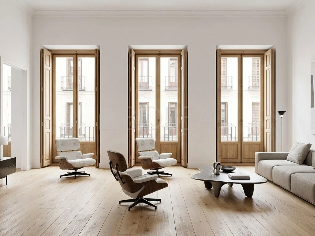 Salón luminoso con balcones y suelo de madera