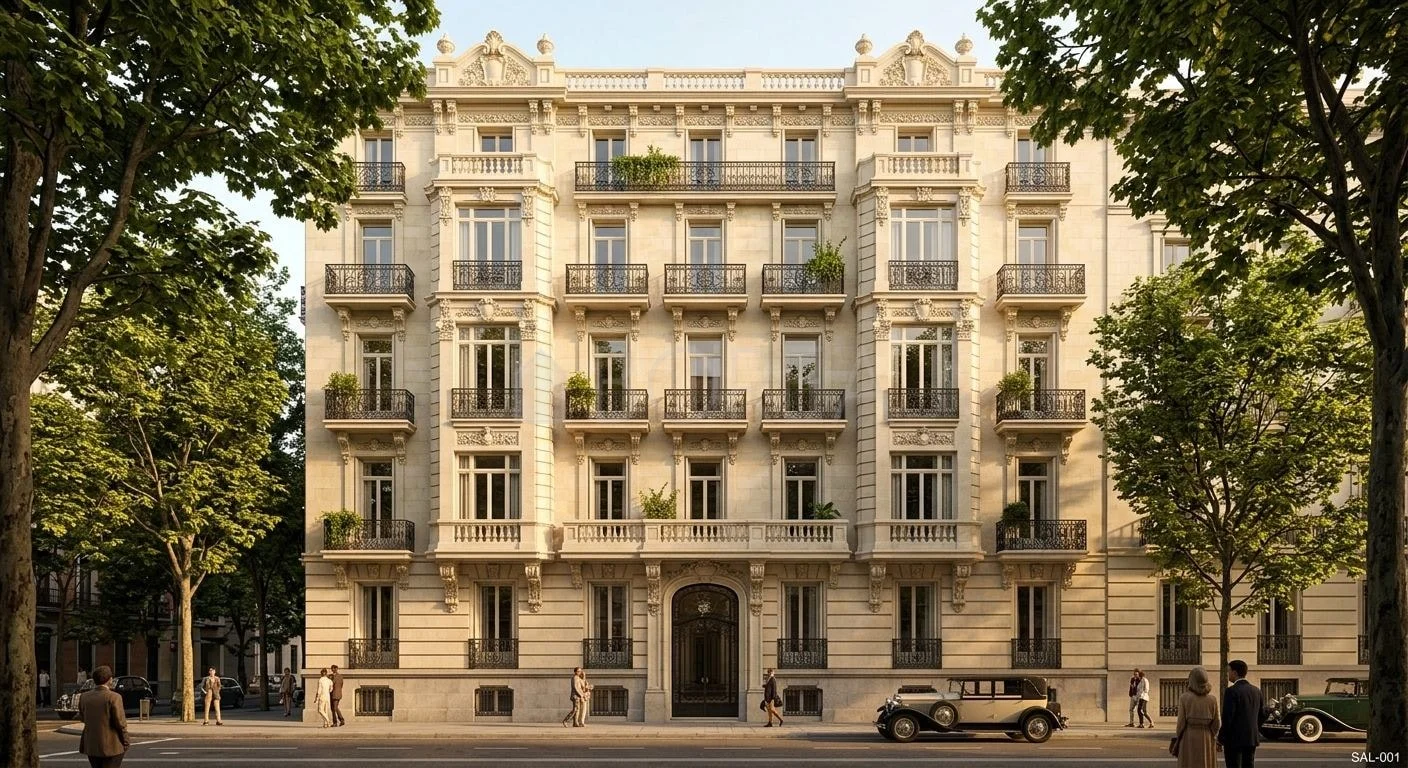 Fachada de una finca clásica en Madrid