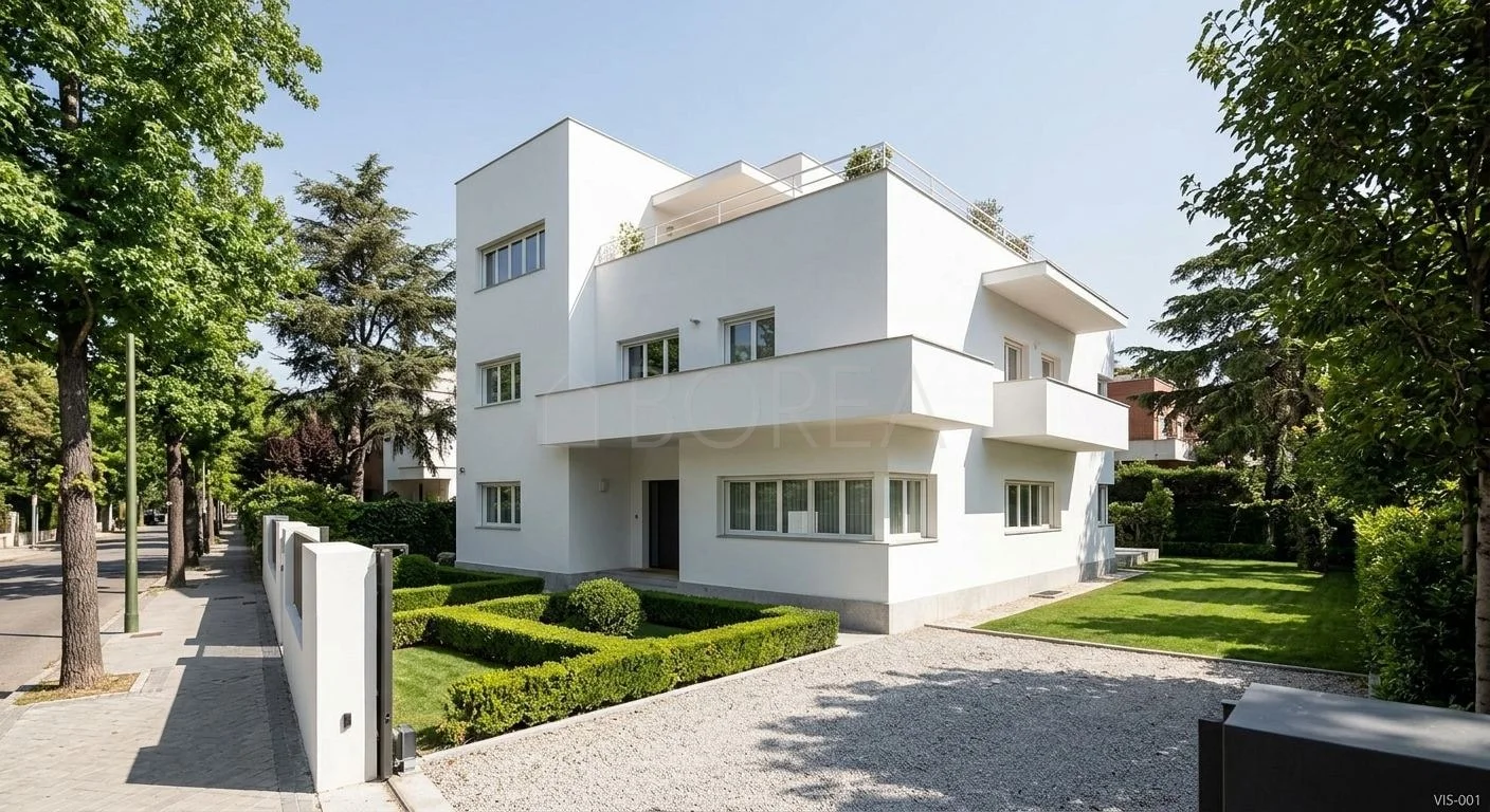 Casa blanca con jardín